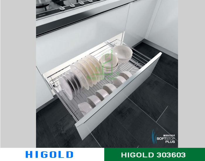 Kệ chén dĩa ray giảm chấn bắt mặt hộc inox 304-303603